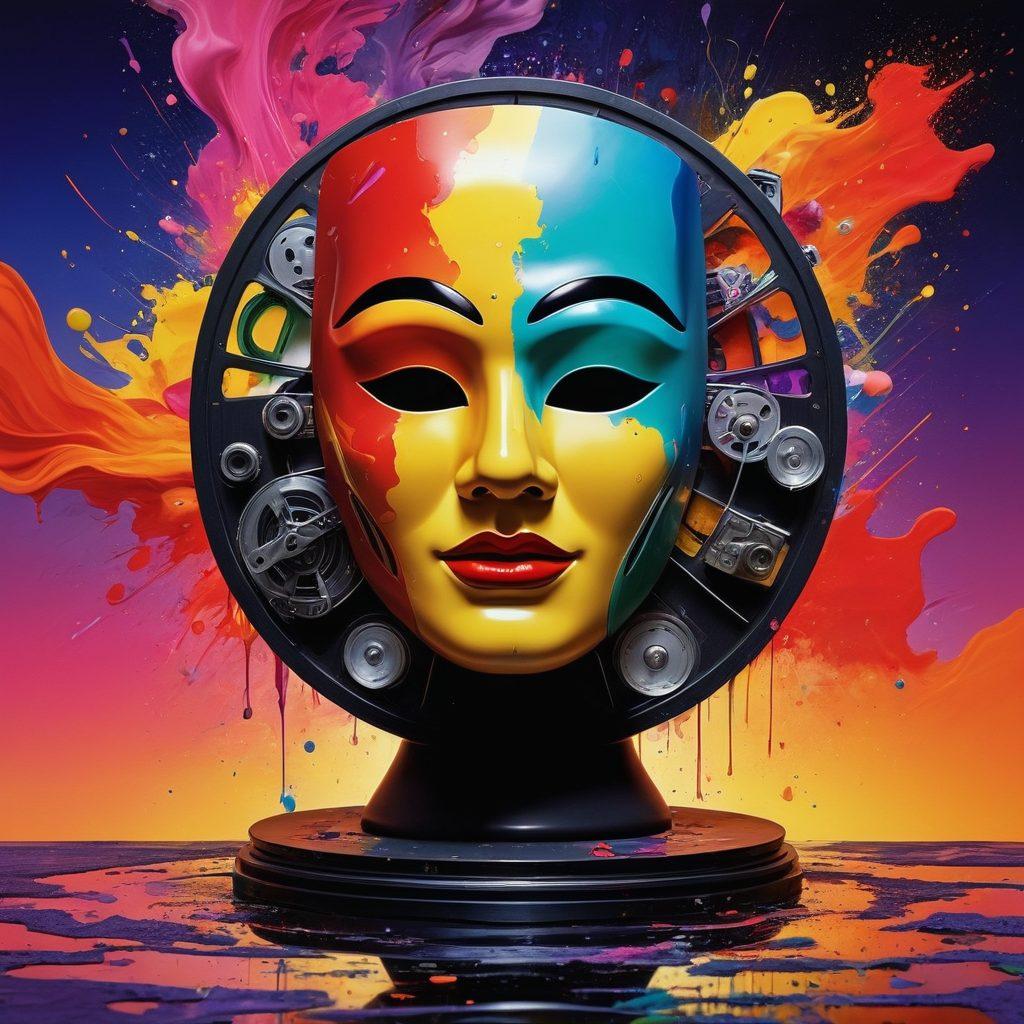 A dramatic fusion of classic art and modern cinema elements, featuring a vibrant, surreal landscape where theatrical masks float above a film reel winding through a colorful abstract background. Include silhouettes of artists and film directors collaborating in the foreground, with splashes of paint and film clappers scattered around. The mood should evoke creativity and depth, reflecting mature themes in adult films. super-realistic. vibrant colors. cinematic style.