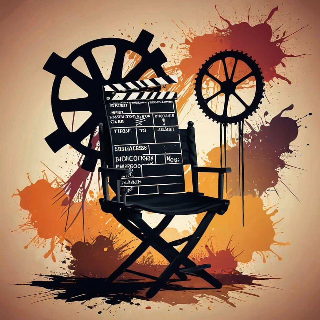A visually striking composition of a cinematic film reel unraveling against an abstract background, featuring symbols of mature themes such as intertwined silhouettes and expressive emotions. Include elements like a director’s chair and a clapperboard, surrounded by a variety of film genres merging together. The color palette should be warm and inviting, emphasizing depth and elegance. cinematic art. rich textures. warm tones.