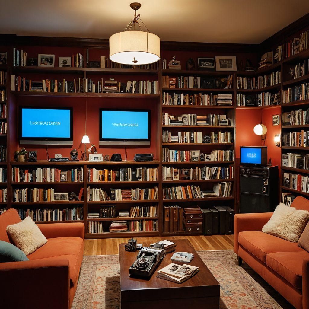 A split scene illustrating a cozy study room filled with vintage video equipment on one side and a modern lounge with plush sofas and a big screen on the other; an inviting warm glow emanates from the room, showcasing a collage of video diaries laid out like an open book, with distinct mature-themed entertainment elements like film reels and discussion notes scattered artistically. super-realistic. vibrant colors. warm lighting.